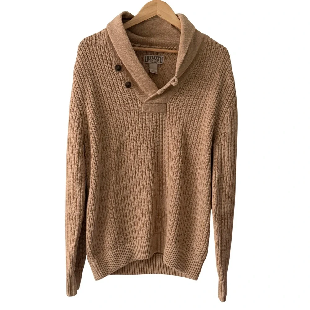 Duluth Trading‎ Co Shawl Collar Sweater Mens L Tan Excellent Cotton Wool Ribbed